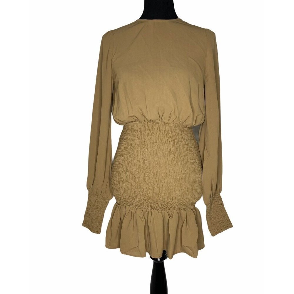 Winter Muse‎ Women's Tan Jasmine Smocked Long Sleeve Short Mini Dress Size 4